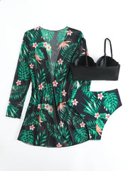 Tropical Floral & Leaf Bikini Set V Neck High Cut Swimsuit with Cover Up Shirt
