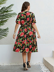 Plus Floral Print Short Sleeve Surplice Neck Stretch Midi Dress With Belt