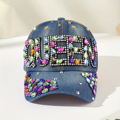 Rhinestone QUEEN Patch Baseball Cap Y2K Denim Sports Hat