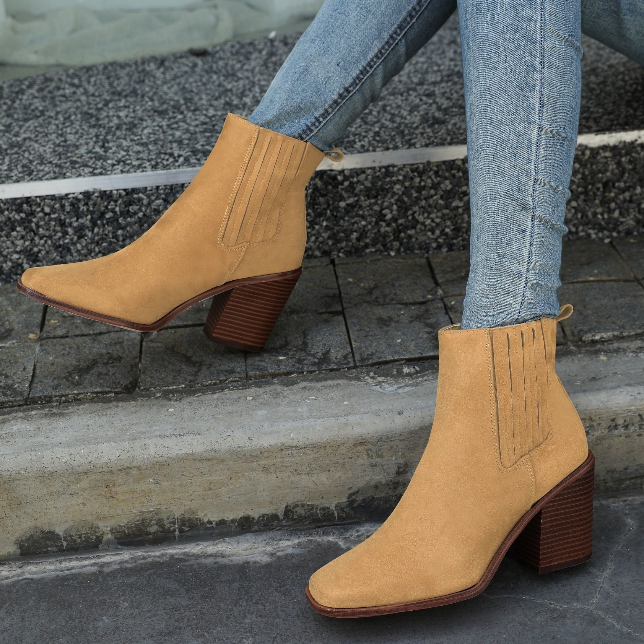Chunky Heeled Ankle Boots Square Toe Casual Shoes