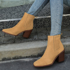 Chunky Heeled Ankle Boots Square Toe Casual Shoes