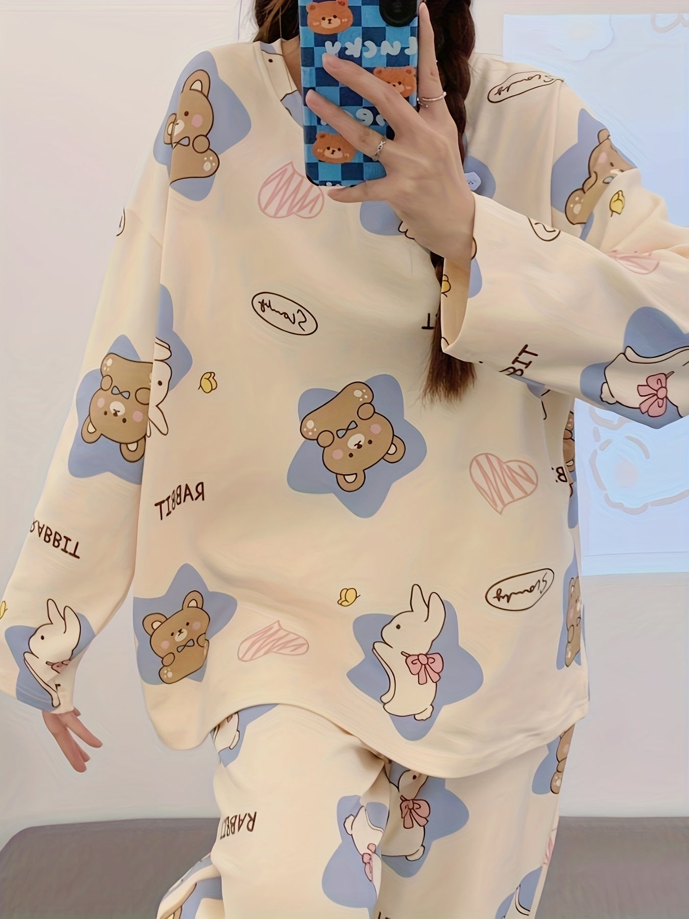 Bear Print Pajama Set Long Sleeve Crew Neck Top & Pants