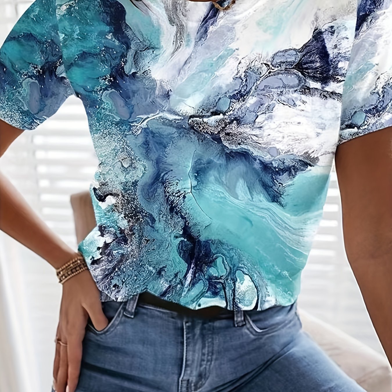 Marble Print Round Neck Casual T-shirt