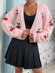 Y2K Cherry Embroidered Knit Cardigan Open Front Long Sleeve Sweater