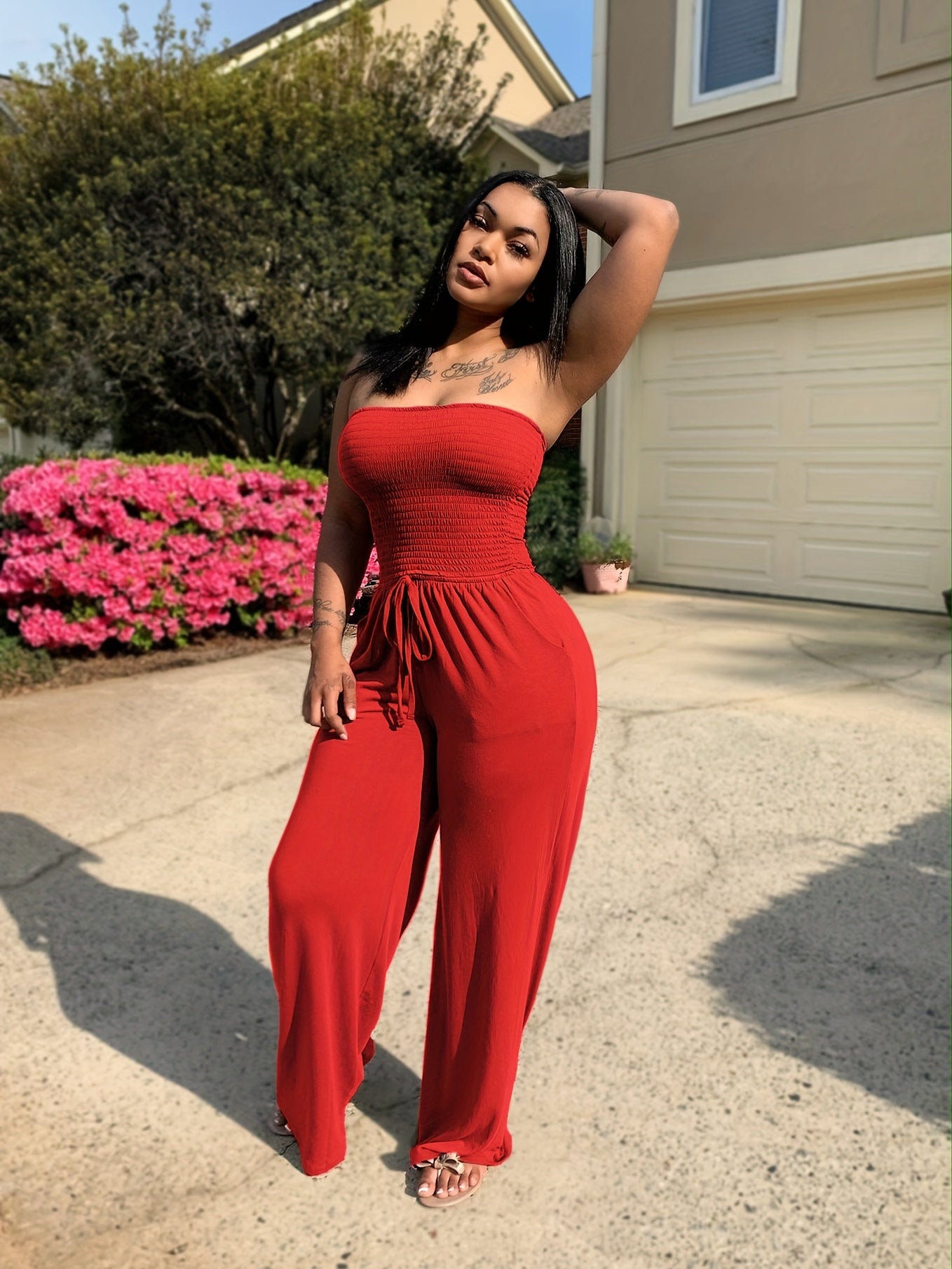 Shirred Tube Jumpsuit Off Shoulder Wide Leg Women's Clothing