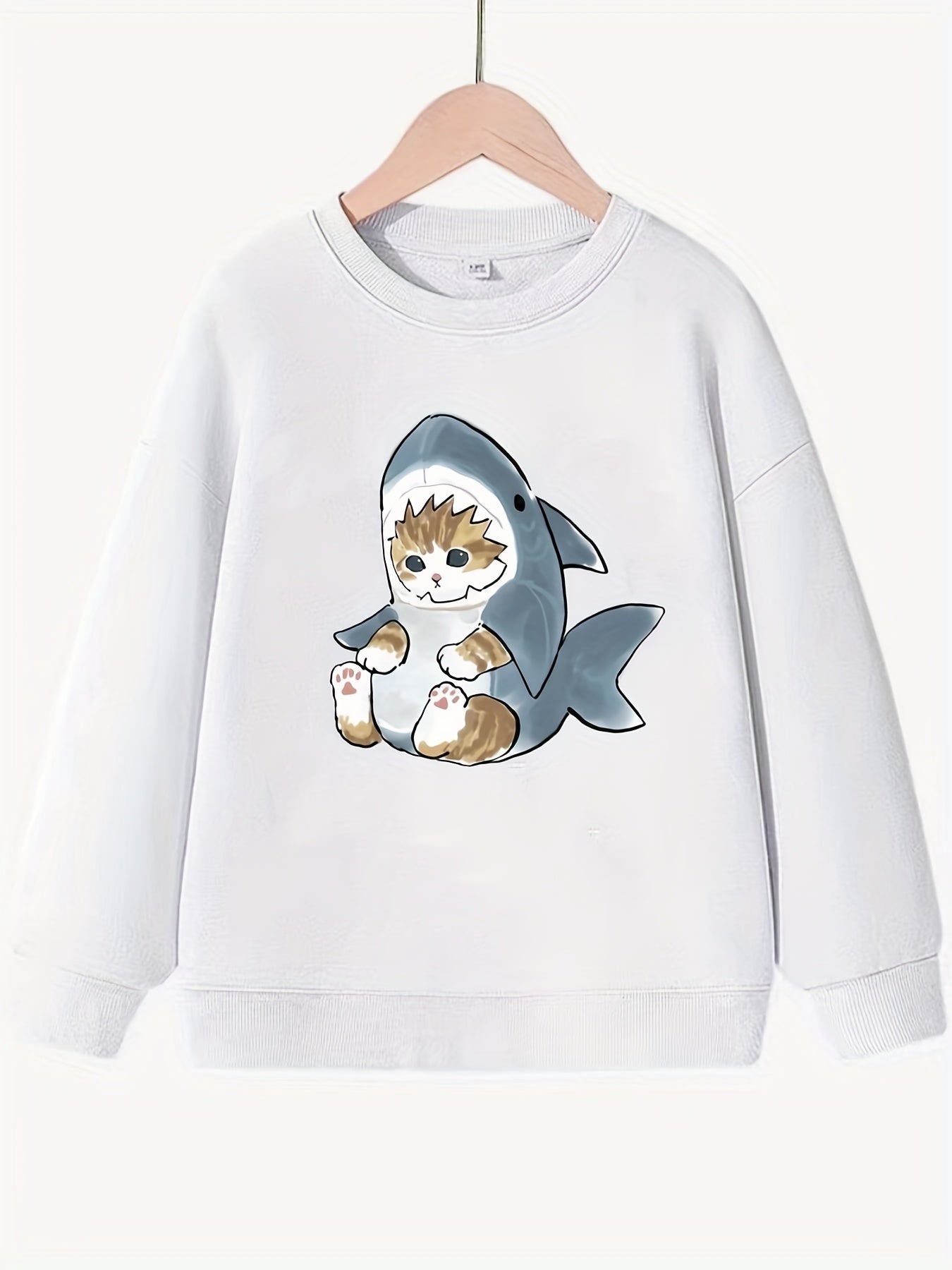 Kitten & Shark Pattern Round Neck Sweatshirt For Girls