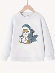 Kitten & Shark Pattern Round Neck Sweatshirt For Girls