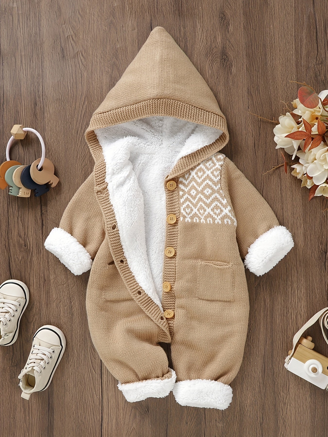 Newborn Knitted Hooded Jumpsuit with Cashmere