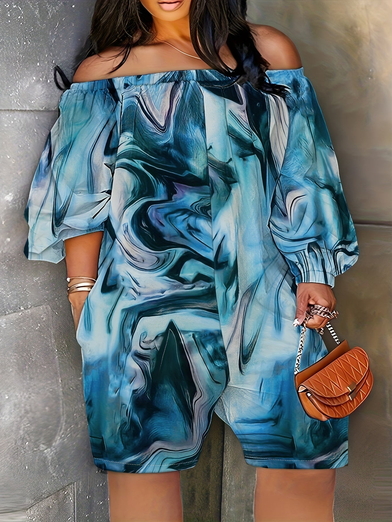 Marble Print Off Shoulder Long Sleeve Jumpsuit with Pockets