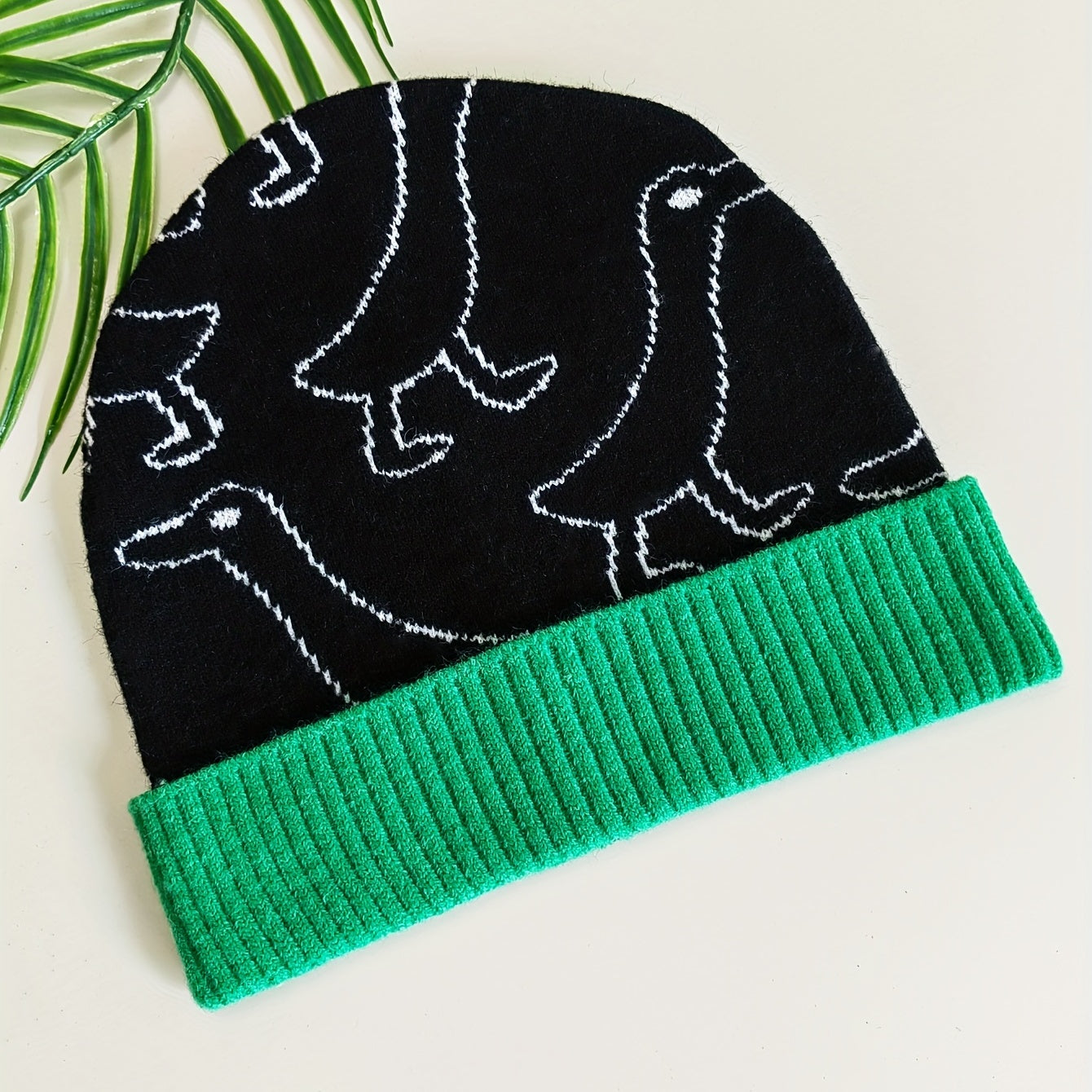 Duck Jacquard Beanie & Green Block Knit Hat Warm Skull Cap