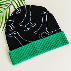 Duck Jacquard Beanie & Green Block Knit Hat Warm Skull Cap