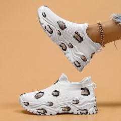 Leopard Print Platform Sneakers Slip On Breathable Running Shoes
