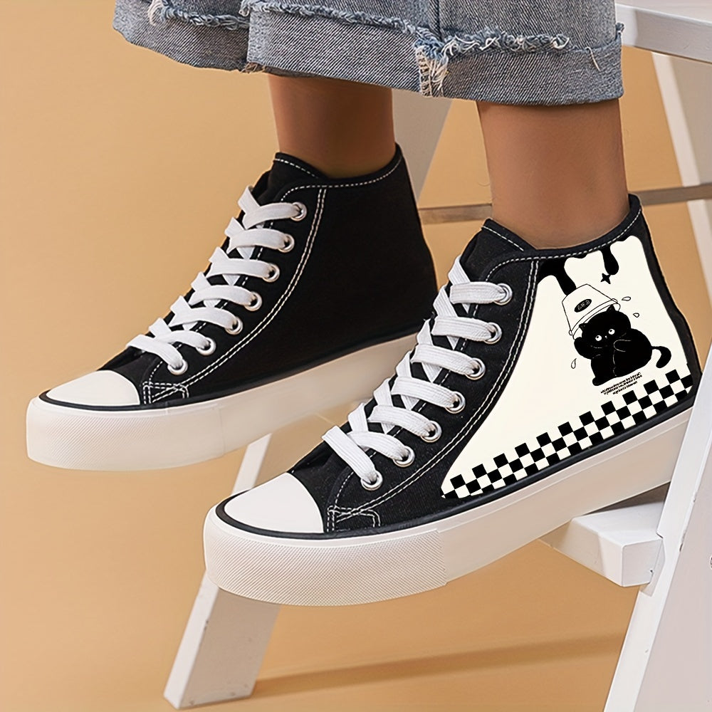 Cat & Plaid Pattern Canvas High Tops Lightweight Lace Up Flats
