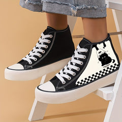 Cat & Plaid Pattern Canvas High Tops Lightweight Lace Up Flats