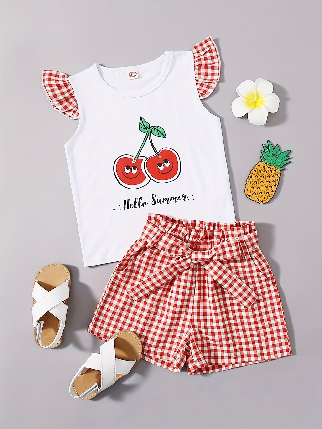 2pcs Toddler Girls Cherry Ruffle T Shirt & Plaid Shorts Set Kids Summer Clothes