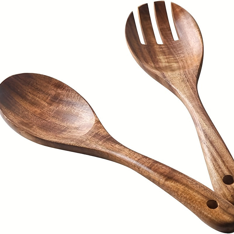 2PCS Wooden Salad Servers Wooden Spoon Fork Kitchen Utensils Sets