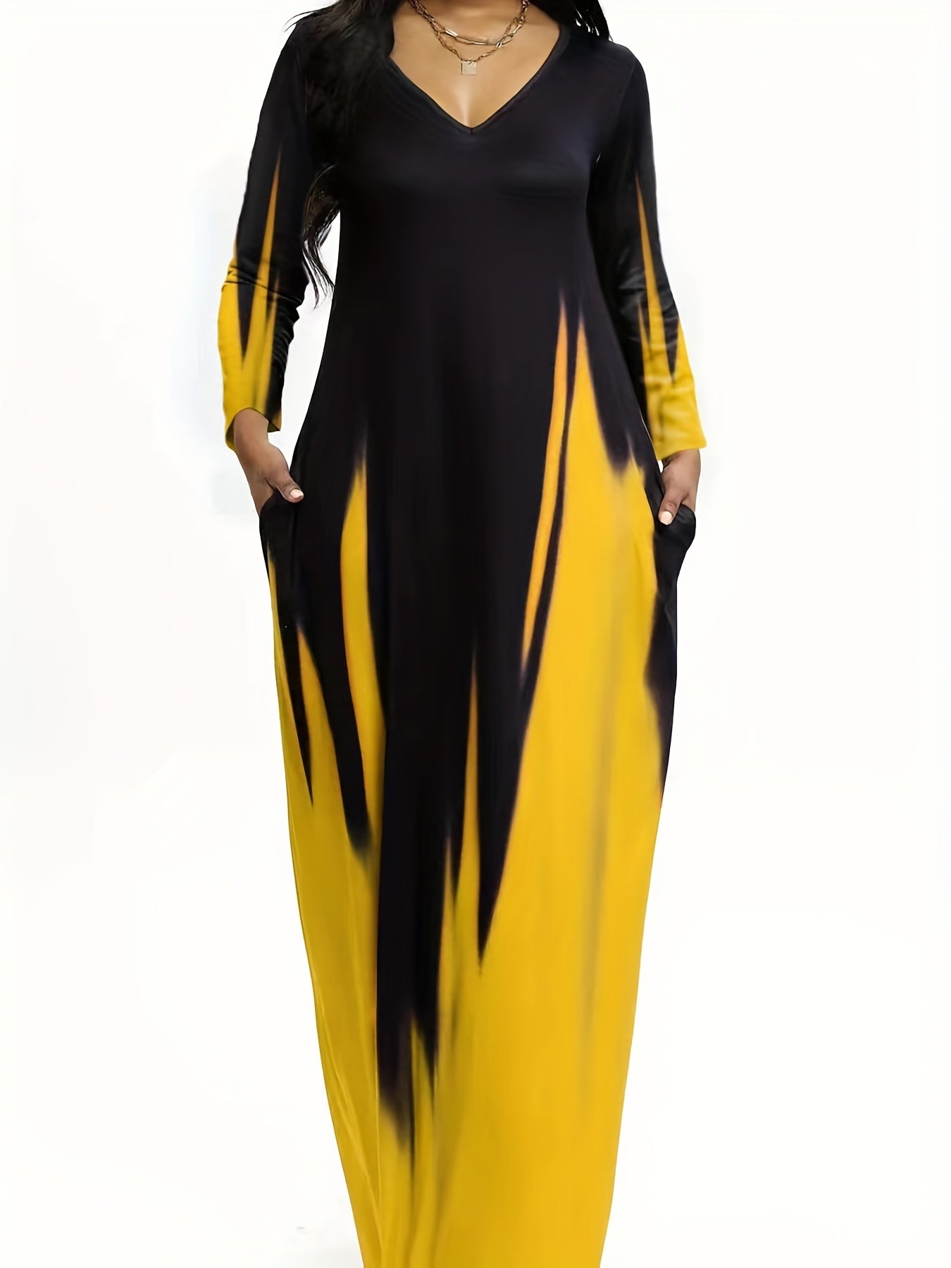 Ombre Print Long Sleeve V Neck Maxi Dress