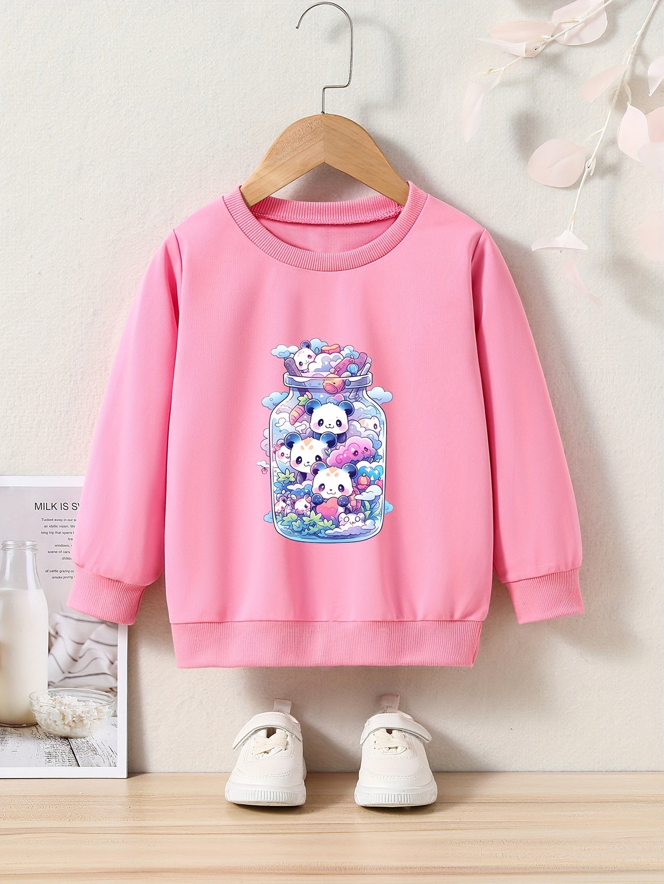 Cartoon Panda Print Sweatshirt Girls Graphic Crew Neck Pullover Sweatshirt