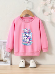 Cartoon Panda Print Sweatshirt Girls Graphic Crew Neck Pullover Sweatshirt