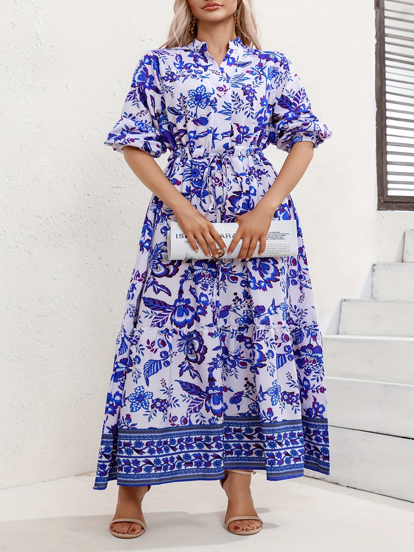Floral Print Lantern Sleeve Maxi Dress With Belt