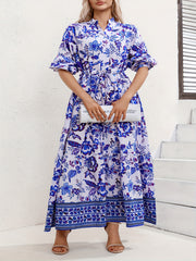 Floral Print Lantern Sleeve Maxi Dress With Belt