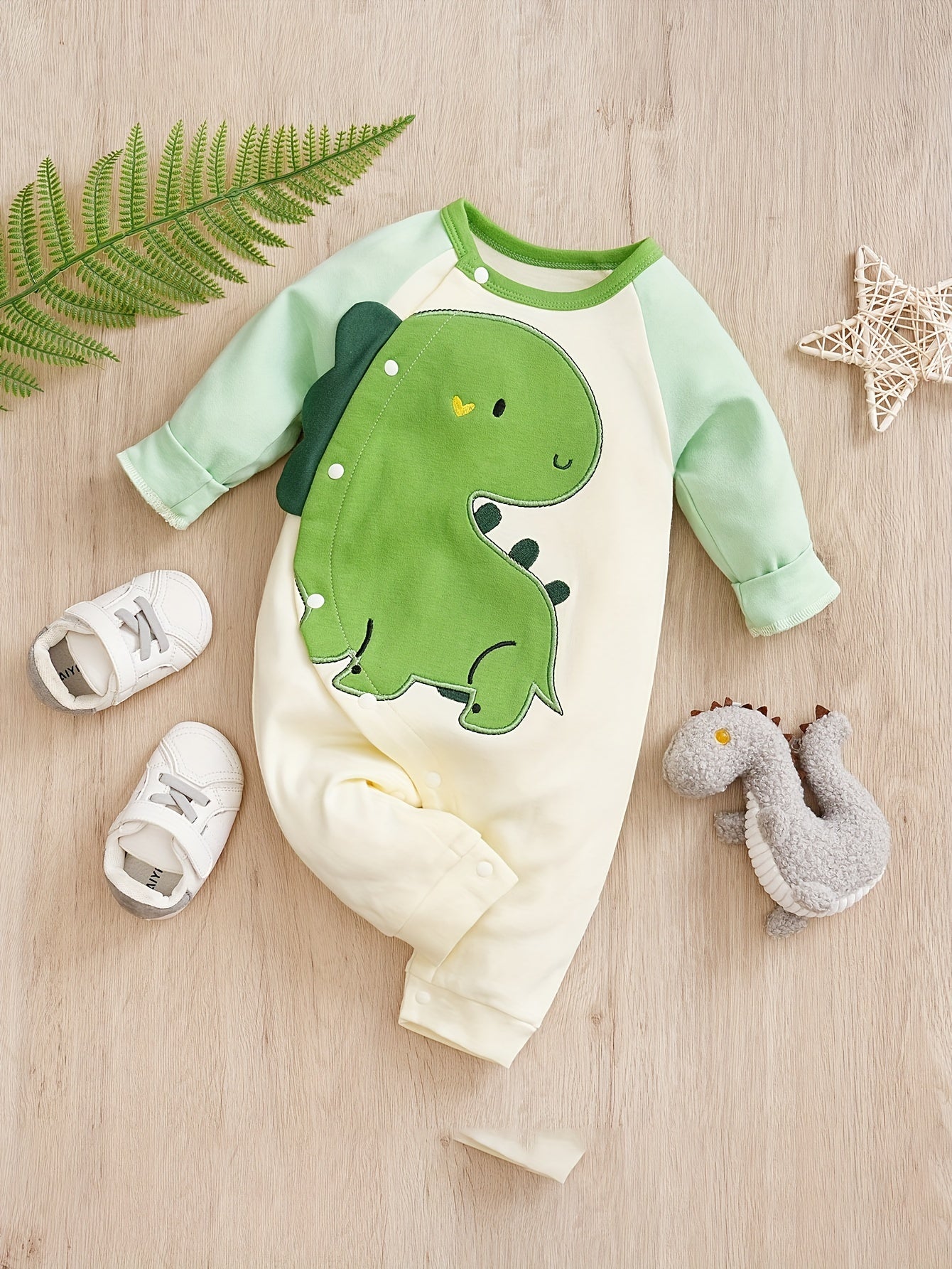 Cotton Dinosaur Pattern Stitching Long Sleeve Baby Bodysuit