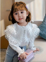 Girls Collared Long Sleeve Shirt with Flutter Trims for Spring and Autumn