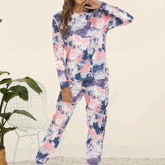 Tie Dye Print Lounge Set Long Sleeve Crew Neck Top & Elastic Waistband Pants