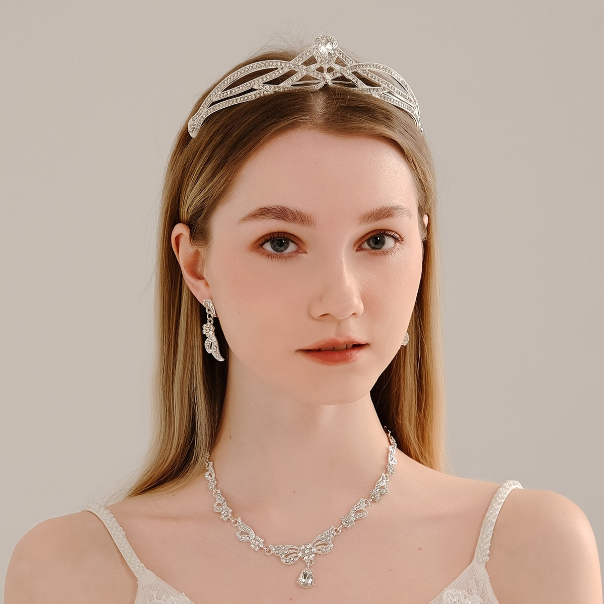 3PCS Wedding Necklace Earrings Crown Set Bridal Jewelry