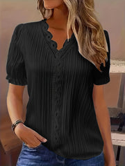 Blouse Women's Plus Contrast Lace Puff Sleeve V Neck Top