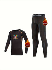 Kids Santa Print Warm Compression Set Fleece Lined Top & Leggings Pants