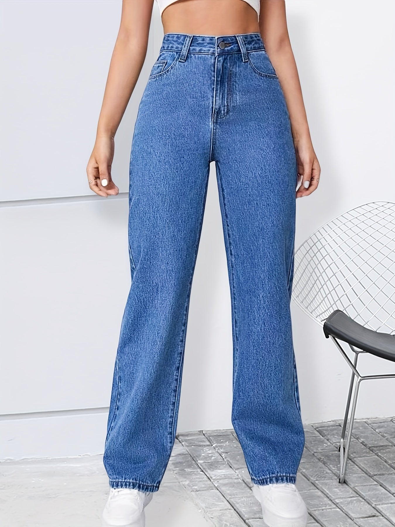 High Rise Straight Jeans Washed Loose Slash Pocket Zipper Button Closure