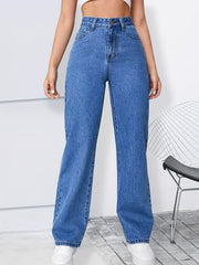 High Rise Straight Jeans Washed Loose Slash Pocket Zipper Button Closure