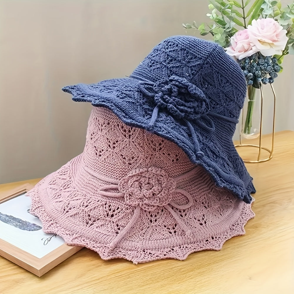 Pink Knitted Flower Sun Hat Hollow Breathable Foldable Bucket Hat