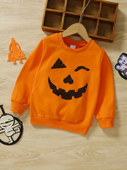 Kid's Pumpkin Print Fleece Pullover Crew Neck Sweatshirt