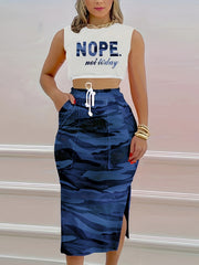Casual Two piece Set Letter Print Top & Camo Split Skirt