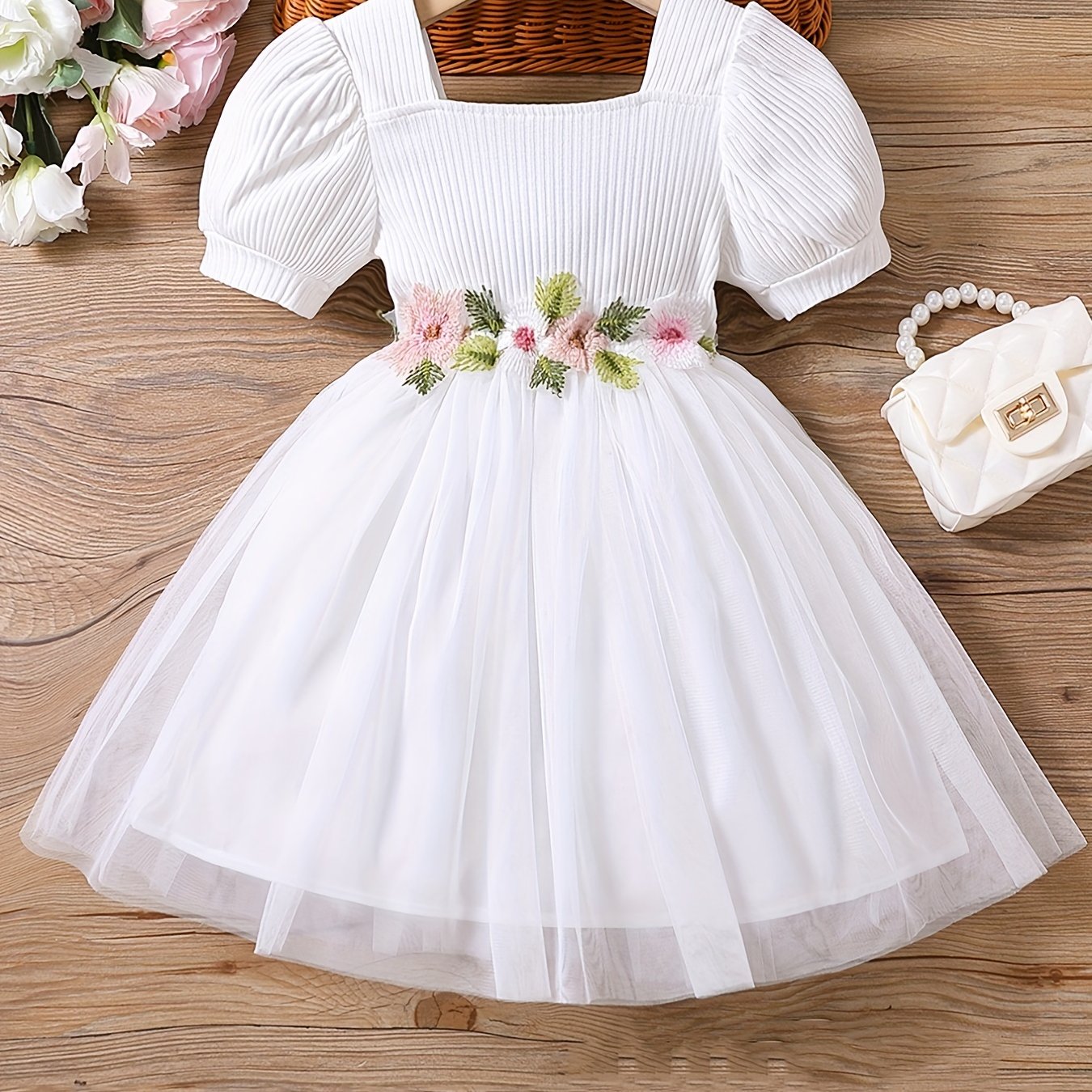 Toddler Girls Puff Sleeve Floral Princess Dress For Party Beach
