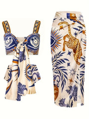 Retro Bikini Set Floral Leopard Print Knot Front Swimsuit Cover Up