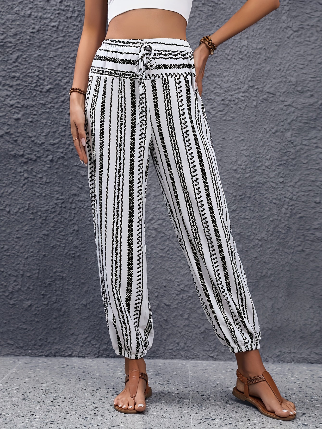 Striped Print Drawstring Joggers for Women