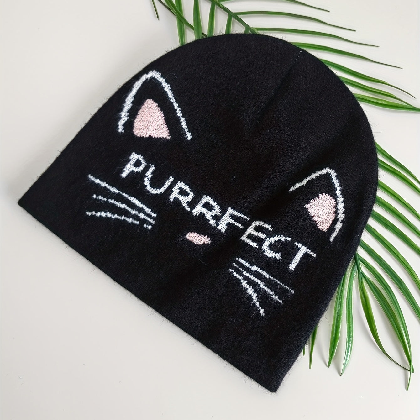Cat Jacquard Beanie Lightweight Elastic Knit Hat Warm Skull Cap