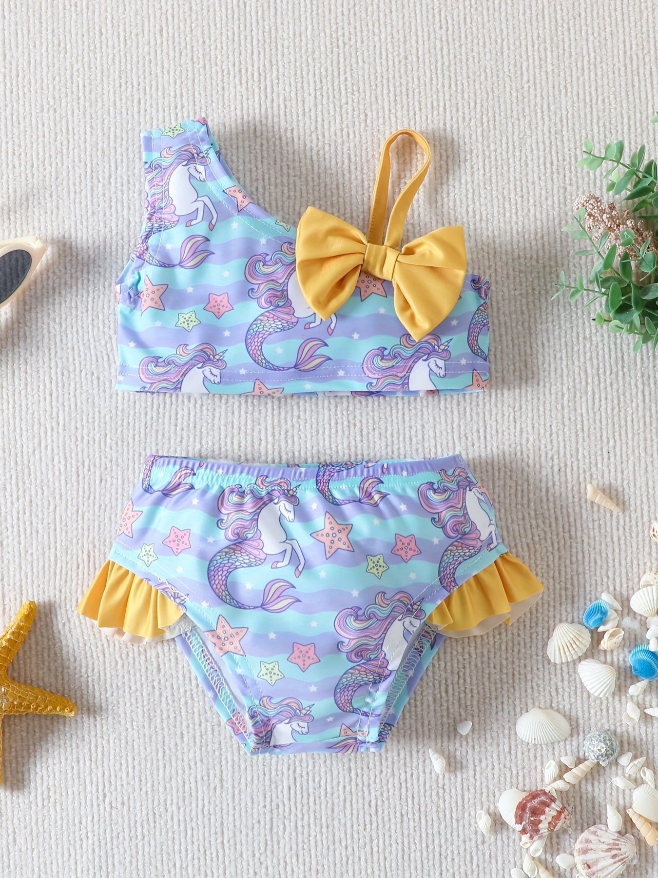 Girls Flamingo Print Bikini Swimsuit Set Ruffle Bow Decor Beach Vacation