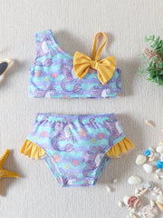 Girls Flamingo Print Bikini Swimsuit Set Ruffle Bow Decor Beach Vacation