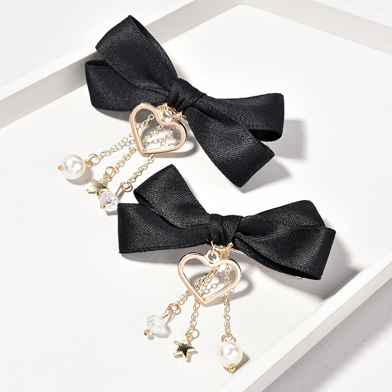 2pcs Girls Bowknot Hair Clips Stars & Hearts Pendant Hairpins