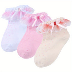 3 Pairs Girls Lace Ruffle Bow Socks for Autumn & Spring