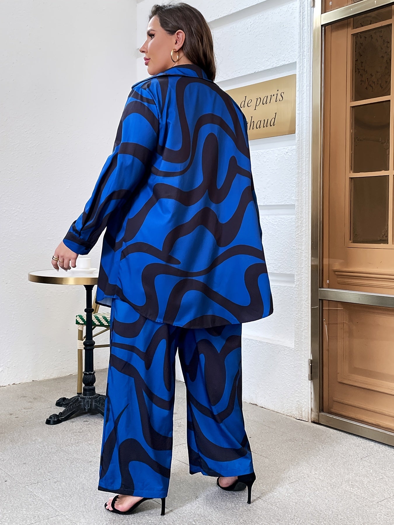 Abstract Stripe Print Shirt & Wide Leg Pant Set