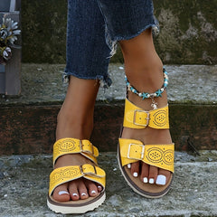 Women's Double Buckle Strap Slides Open Toe Hollow Out Flat Shoes