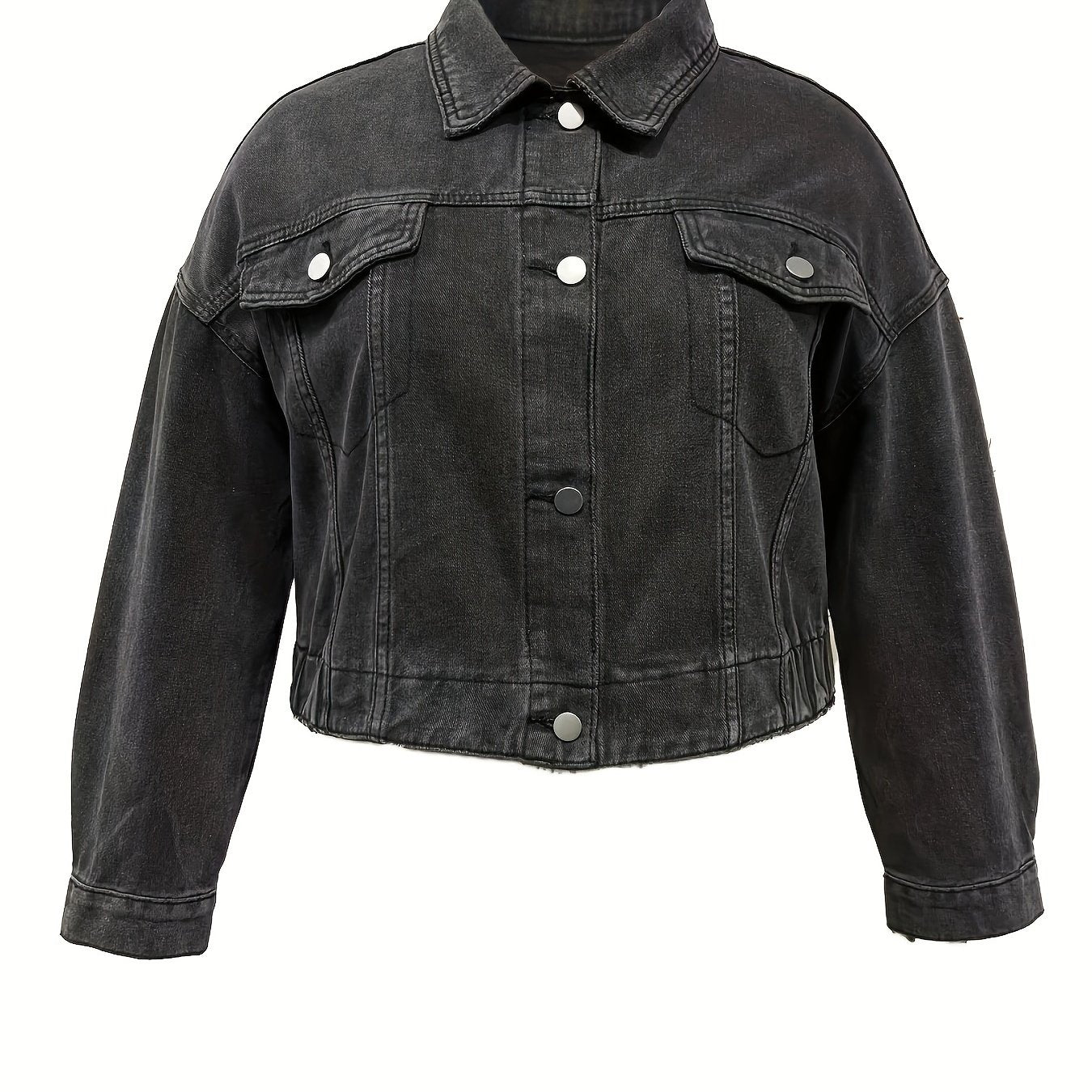 Casual Denim Top Women's Plus Solid Button Up Long Sleeve Denim Jacket