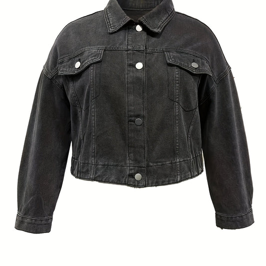 Casual Denim Top Women's Plus Solid Button Up Long Sleeve Denim Jacket