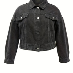 Casual Denim Top Women's Plus Solid Button Up Long Sleeve Denim Jacket