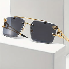 Men's Rimless Leopard Decor Sunglasses UV Protection